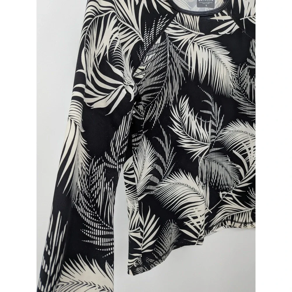 Athleta Rash Guard Women Small Black White Tropical Palm Leaf Long Sleeve Top